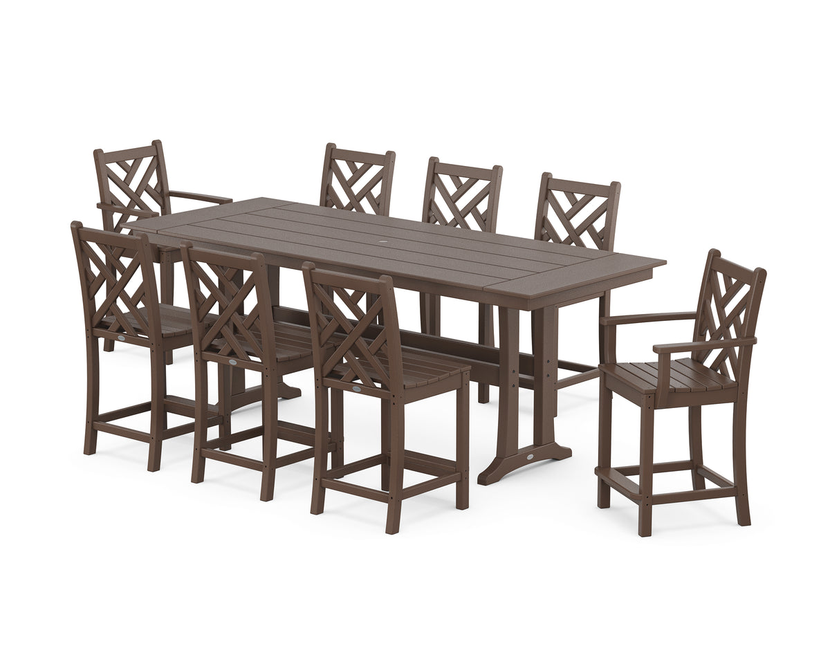 POLYWOOD Chippendale 9-Piece Farmhouse Counter Set with Trestle Legs in Mahogany