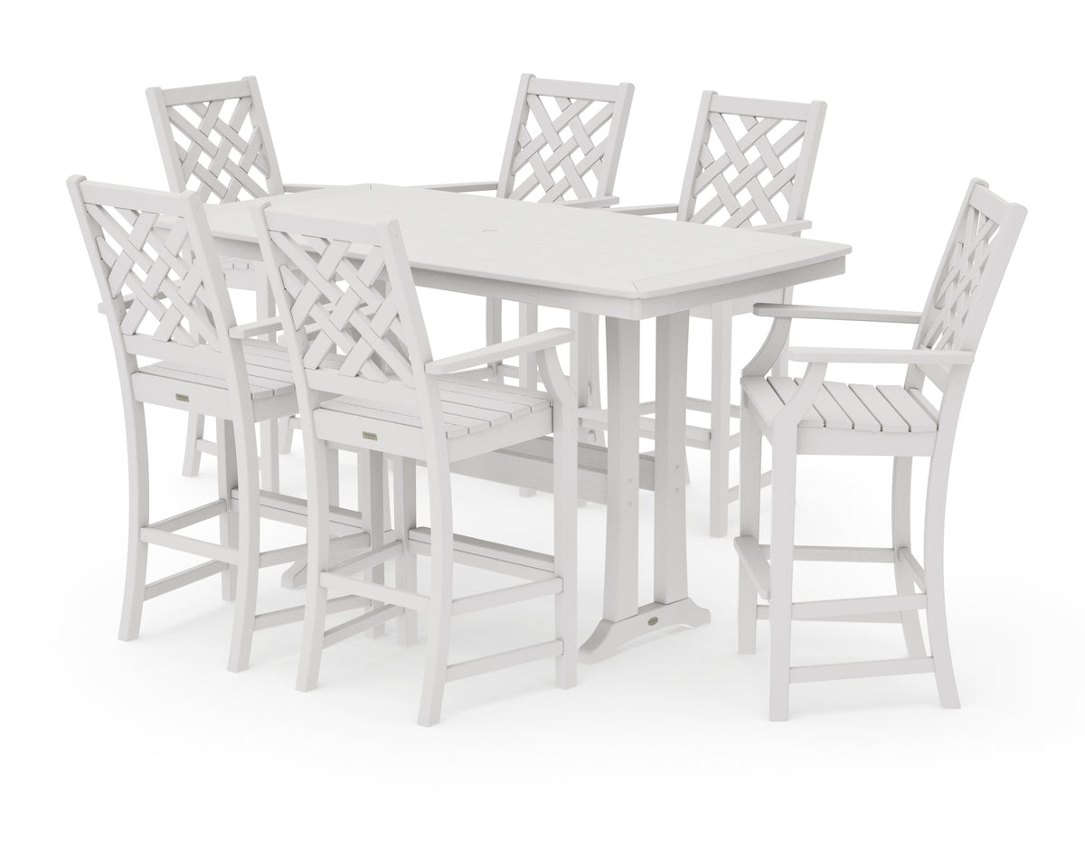 POLYWOOD Country Living Wovendale Arm Chair 7-Piece Bar Set with Trestle Legs in Vintage White