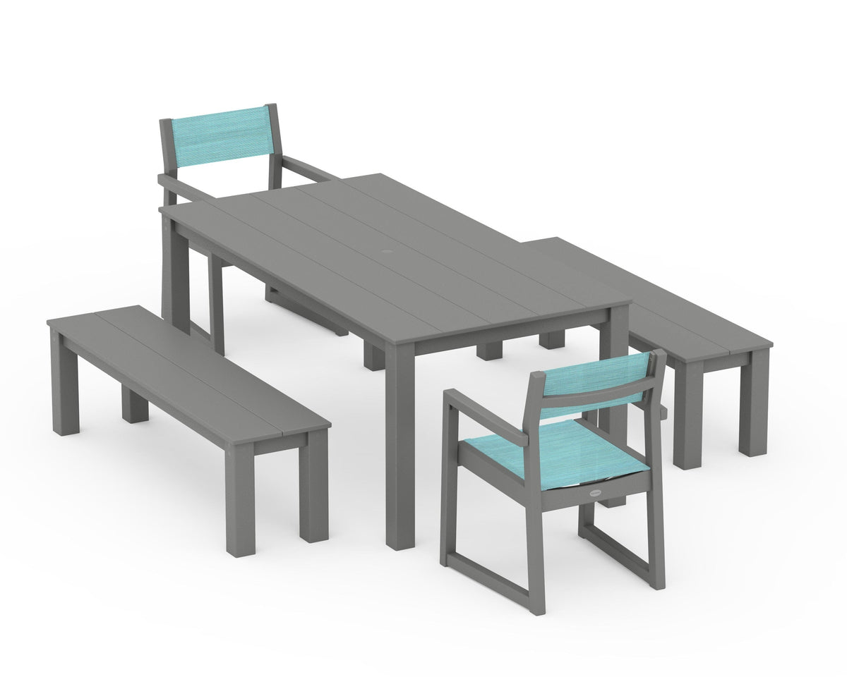POLYWOOD EDGE Sling Arm Chair 5-Piece Parsons Dining Set with Benches in Slate Grey / Dupioni Aquamarine