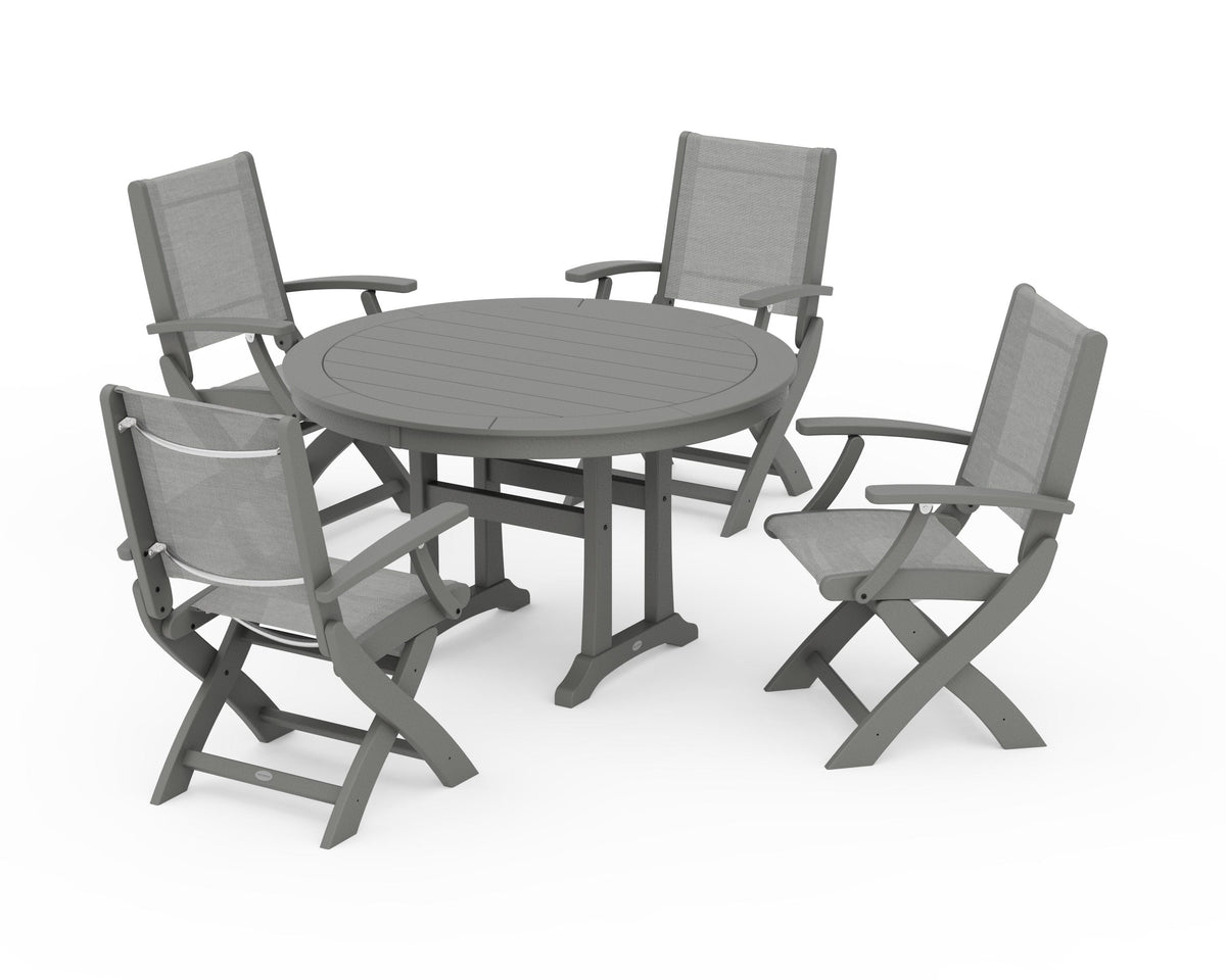 POLYWOOD Coastal Folding Chair 5-Piece Round Dining Set with Trestle Legs in Slate Grey / Metallic