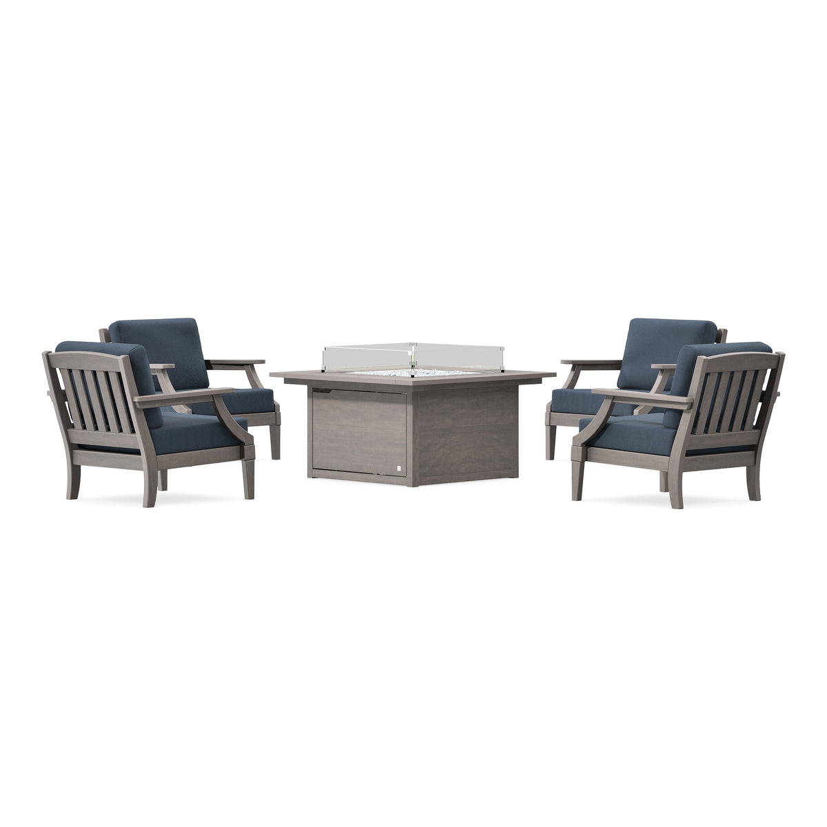 POLYWOOD PW Designer Series Estate 5-Piece Lounge Fire Table Set in Driftwood / Marine Indigo