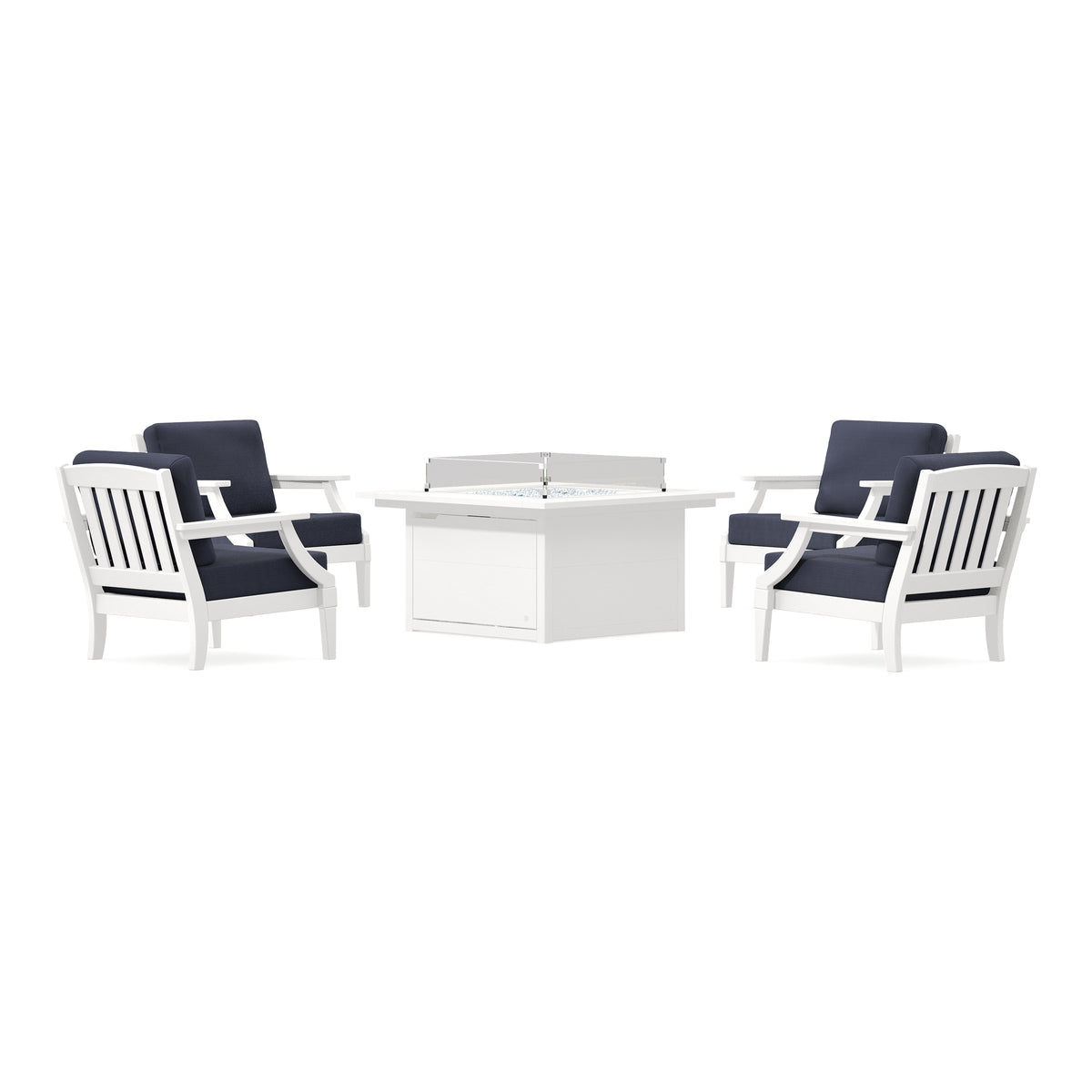 POLYWOOD PW Designer Series Estate 5-Piece Lounge Fire Table Set in Vintage White / Navy Linen