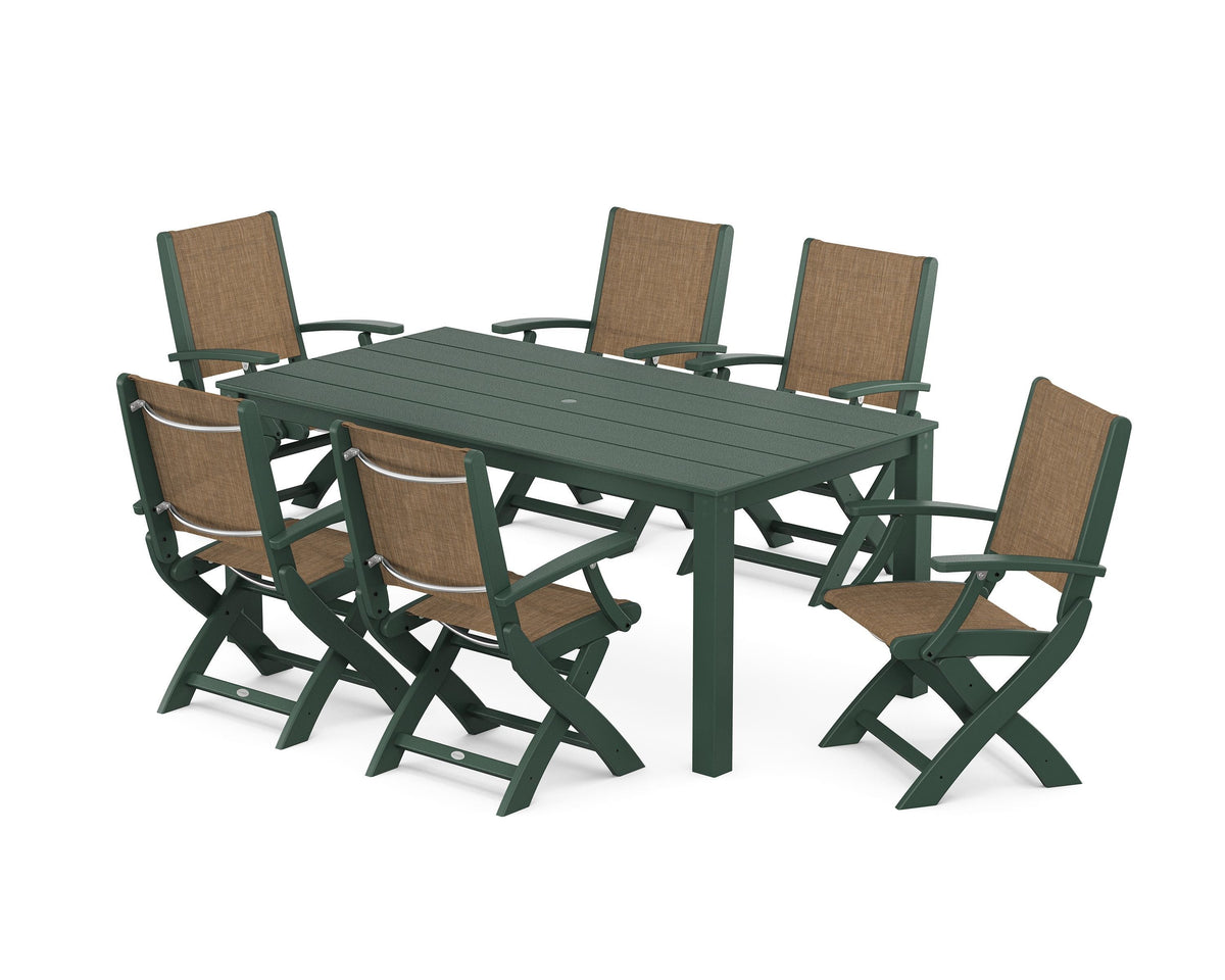 POLYWOOD Coastal Folding Chair 7-Piece Parsons Dining Set in Green / Burlap