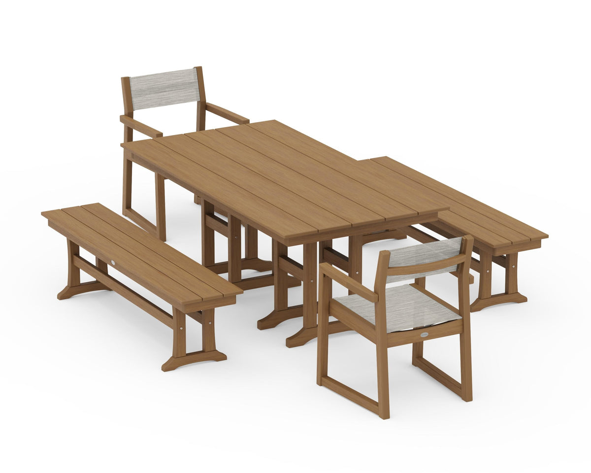 POLYWOOD EDGE Sling Arm Chair 5-Piece Farmhouse Dining Set with Benches in Natural / Birch