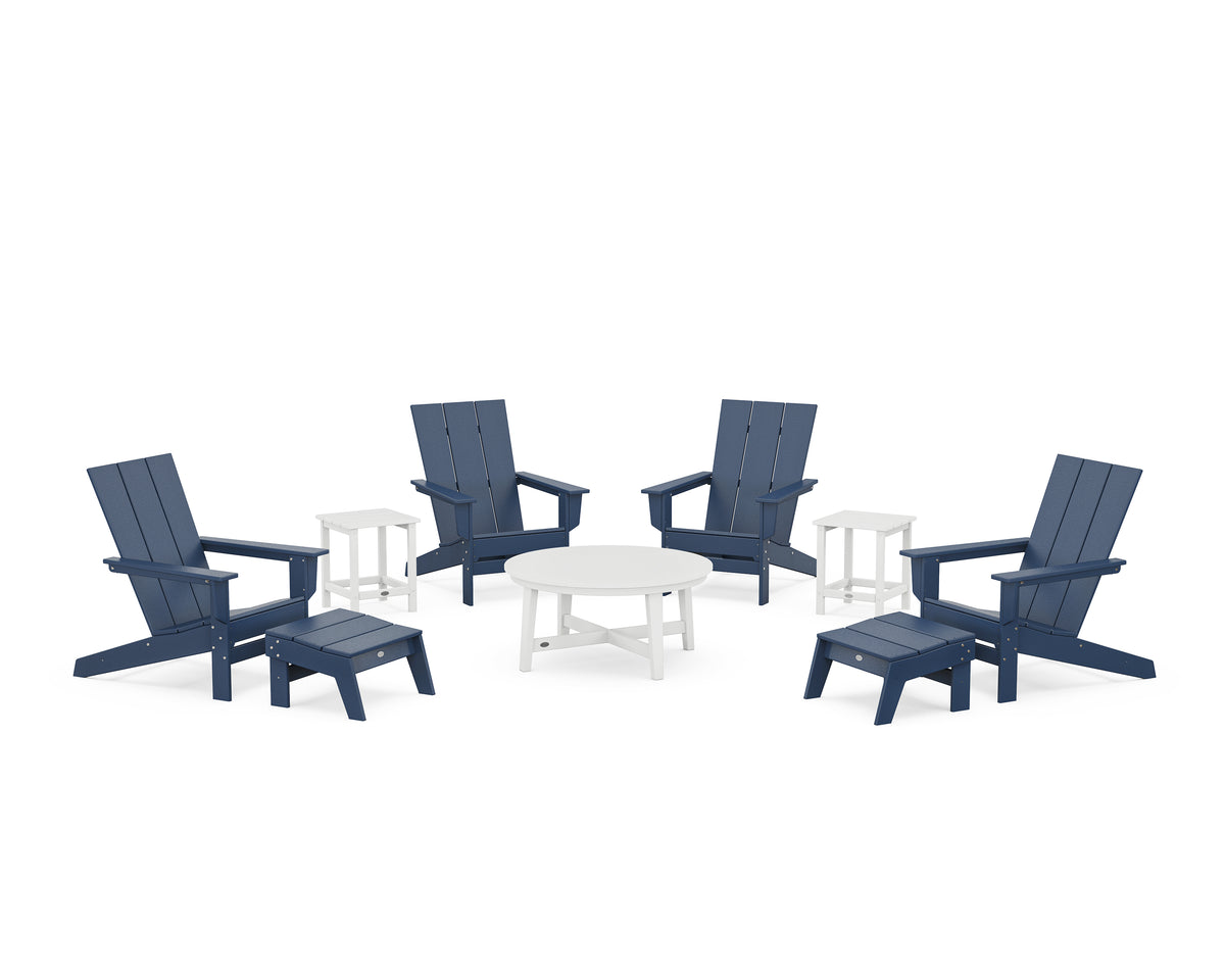 POLYWOOD Modern Studio Adirondack 9-Piece Conversation Set in Navy / White