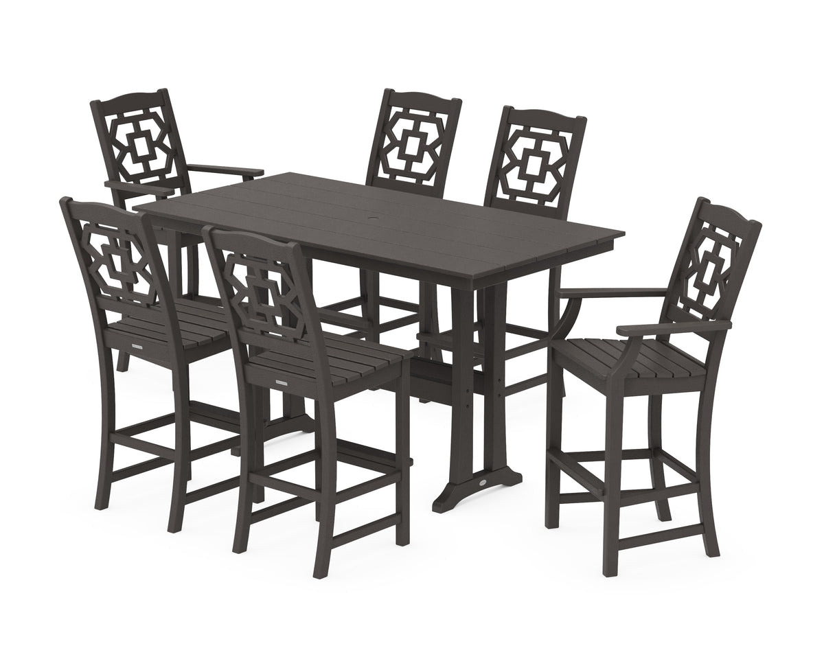 POLYWOOD Chinoiserie 7-Piece Farmhouse Bar Set with Trestle Legs in Vintage Coffee