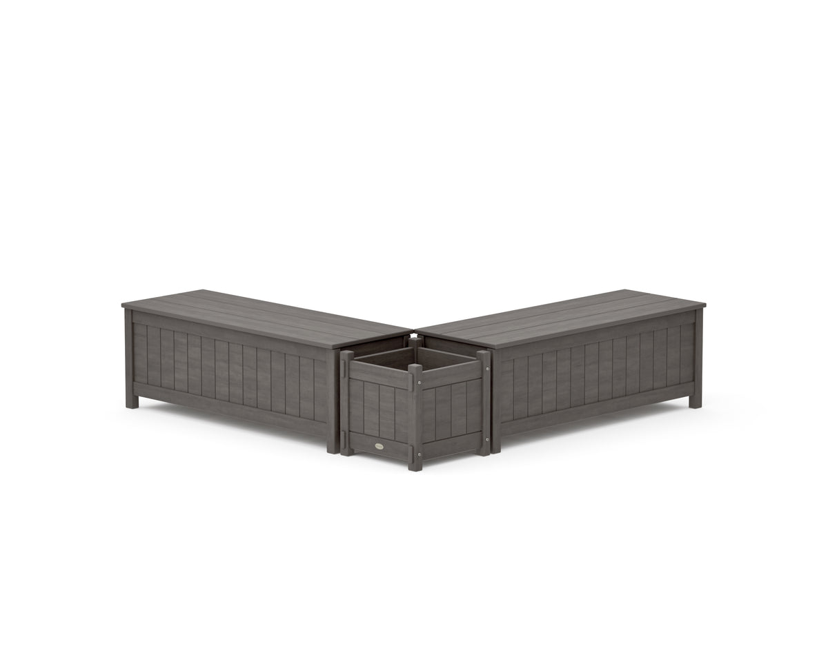 POLYWOOD 48" Vineyard L-Shaped Planter Storage Bench Set in Driftwood