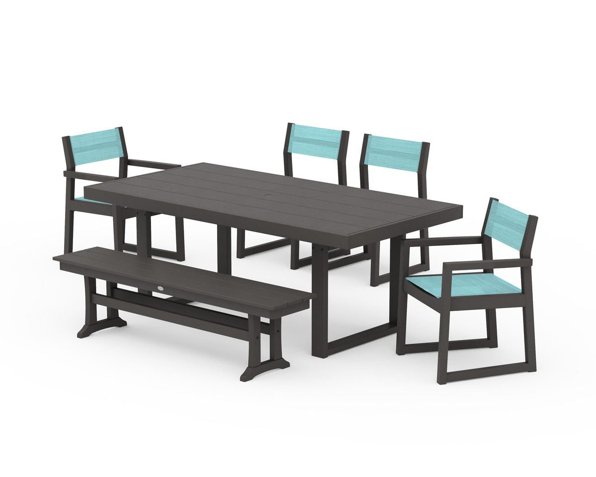 POLYWOOD EDGE Sling 6-Piece Dining Set with Bench in Vintage Coffee / Dupioni Aquamarine