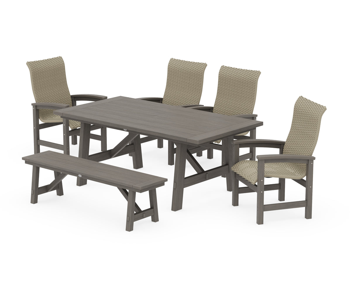 POLYWOOD Coastal Woven High-Back 6-Piece Rustic Farmhouse Dining Set with Bench in Driftwood / Dune Grass