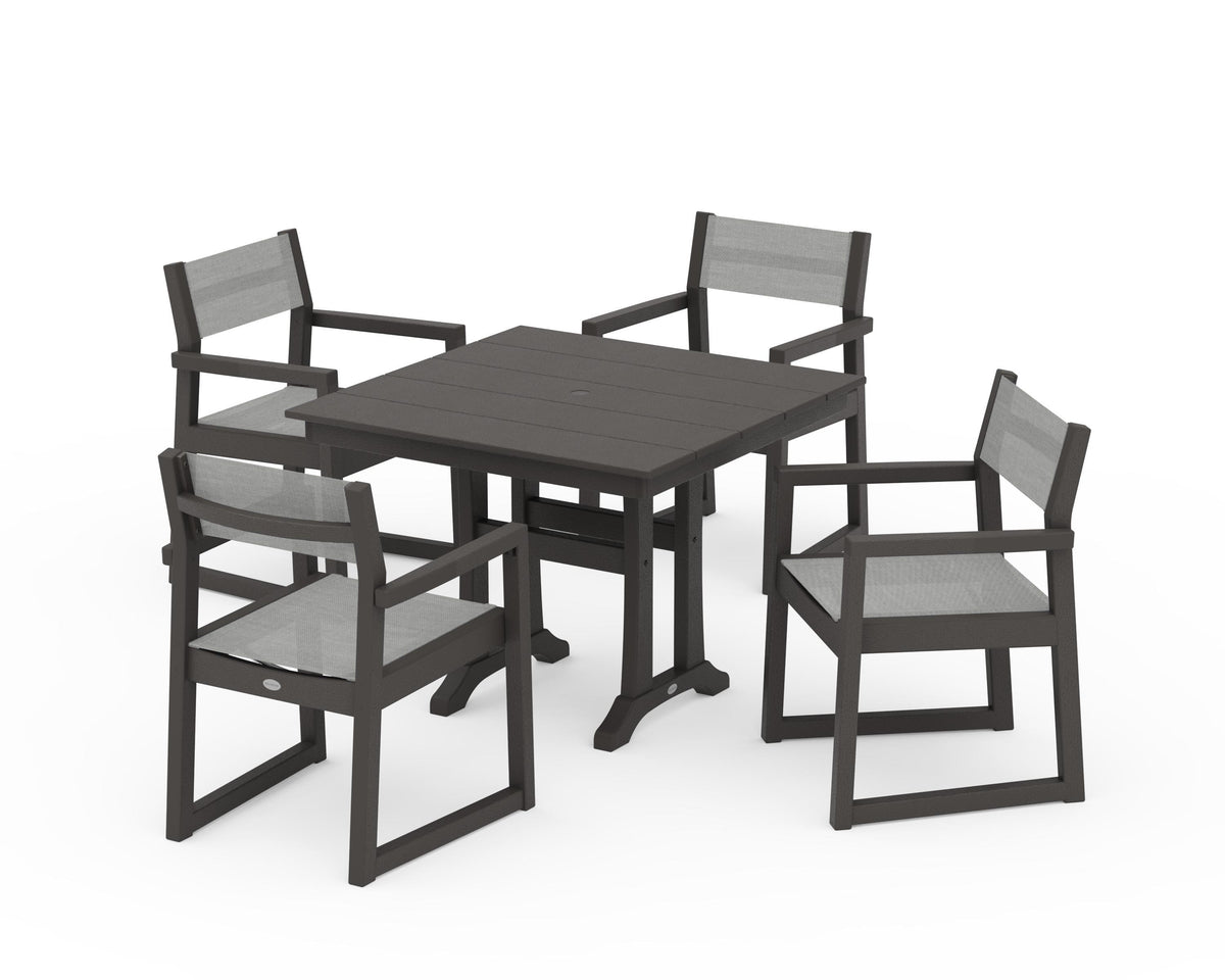 POLYWOOD EDGE Sling 5-Piece Farmhouse Dining Set with Trestle Legs in Vintage Coffee / Metallic