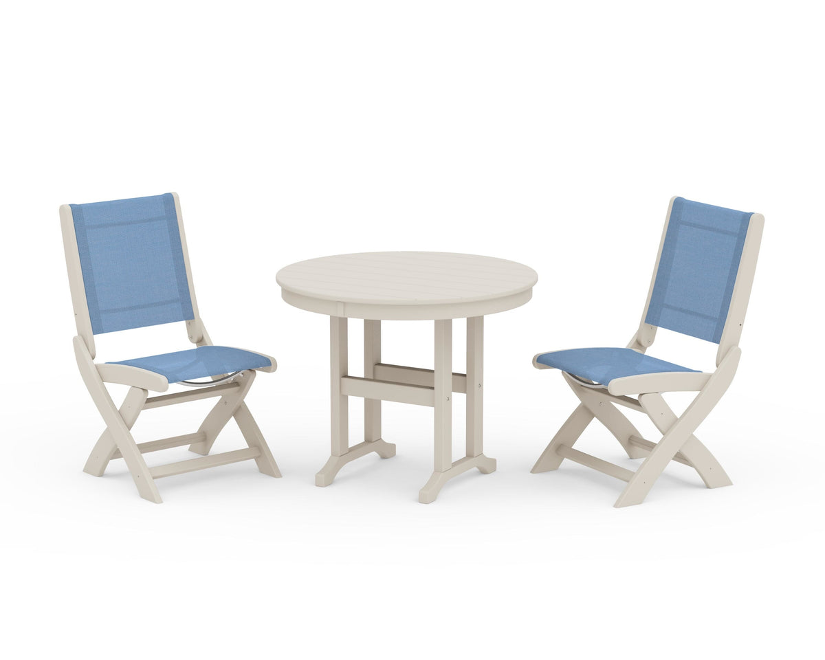 POLYWOOD Coastal Folding Side Chair 3-Piece Round Dining Set in Sand / Poolside