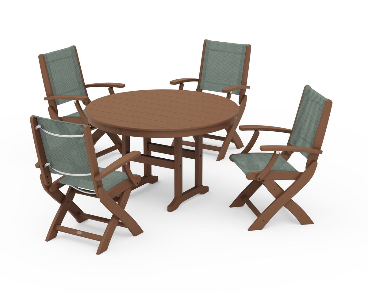 POLYWOOD Coastal Folding Chair 5-Piece Round Dining Set in Teak / Dupioni Sea Mist