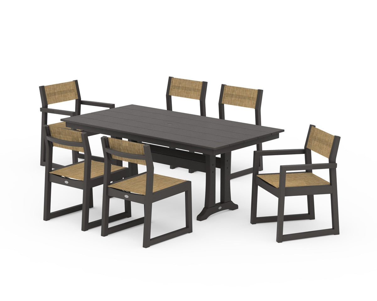 POLYWOOD EDGE Sling 7-Piece Farmhouse Trestle Dining Set in Vintage Coffee / Burlap
