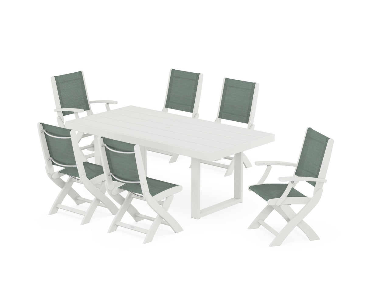 POLYWOOD Coastal Folding Chair 7-Piece Dining Set with Trestle Legs with EDGE 40" x 78" Dining Table in Vintage White / Dupioni Sea Mist