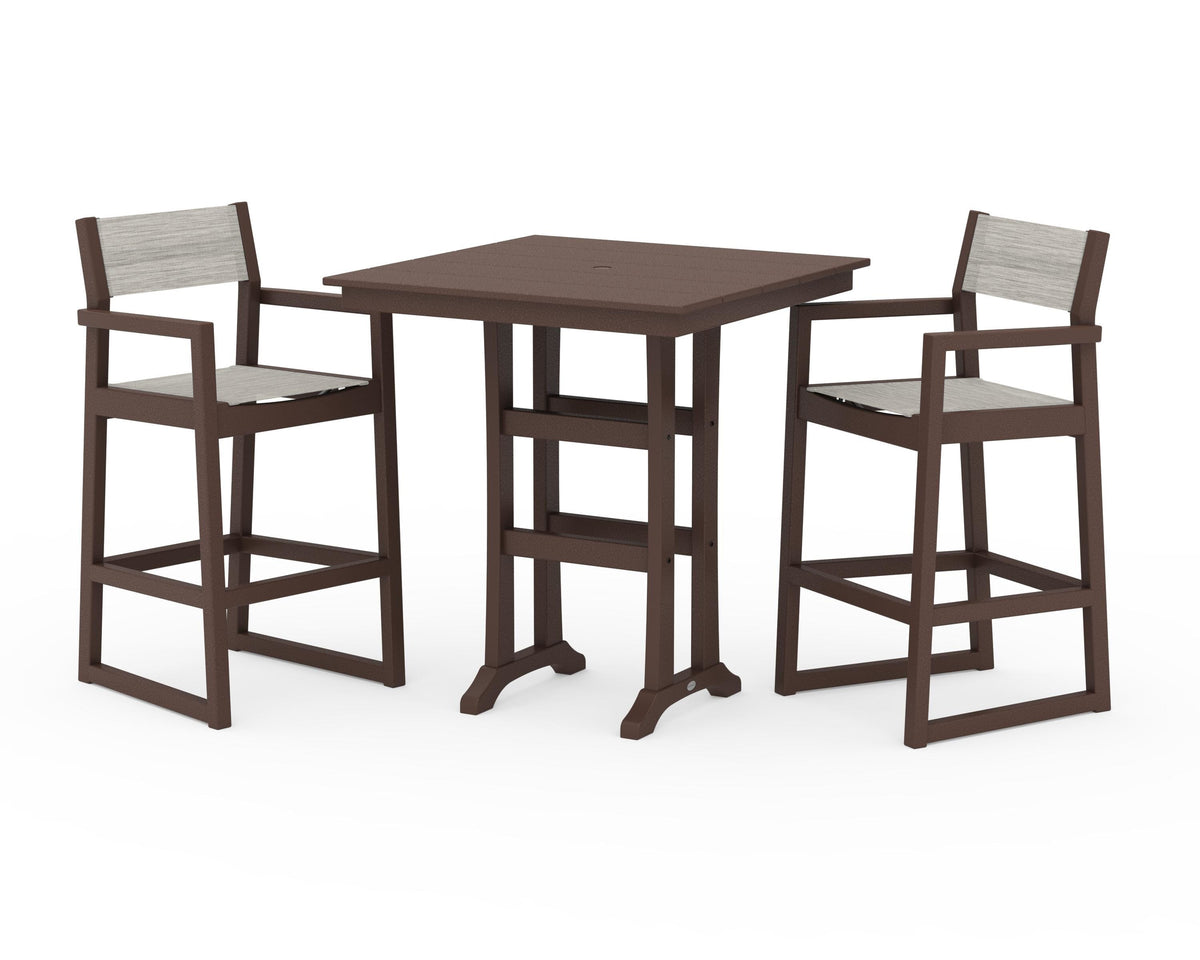 POLYWOOD EDGE Sling Arm Chair 3-Piece Farmhouse Bar Set with Trestle Legs in Mahogany / Birch