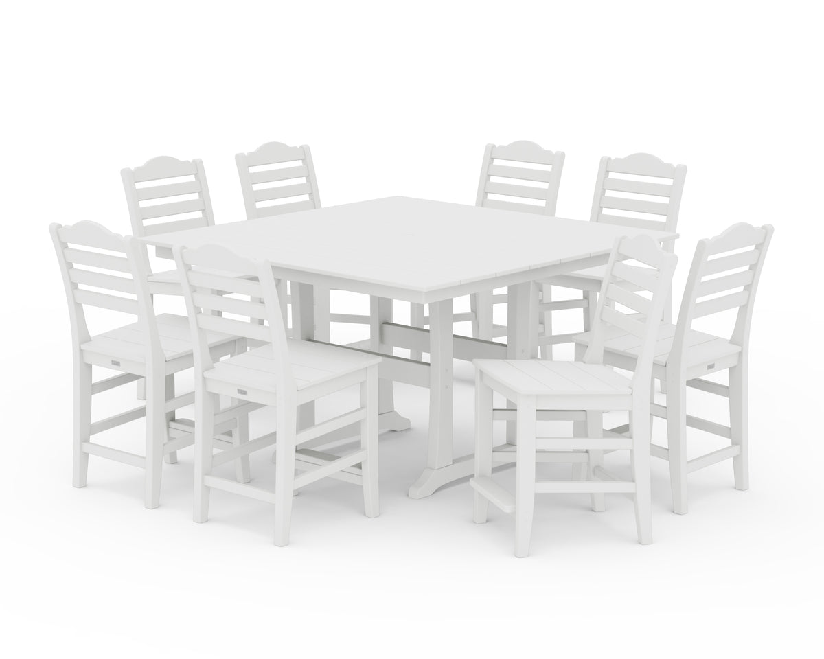 POLYWOOD Savannah Side Chair 9-Piece Square Farmhouse Counter Set with Trestle Legs in White