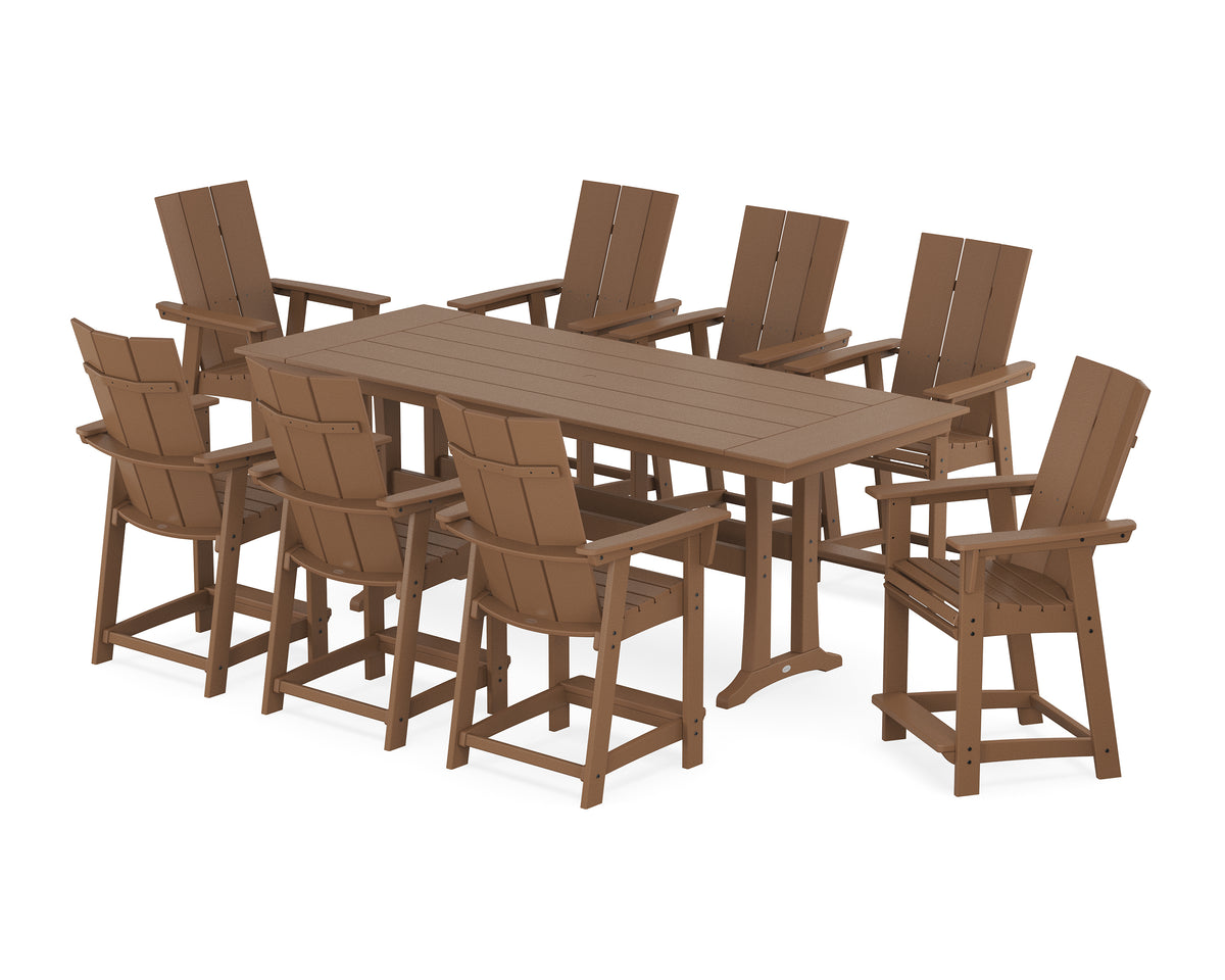 POLYWOOD Modern Curveback Adirondack 9-Piece Farmhouse Counter Set with Trestle Legs in Teak