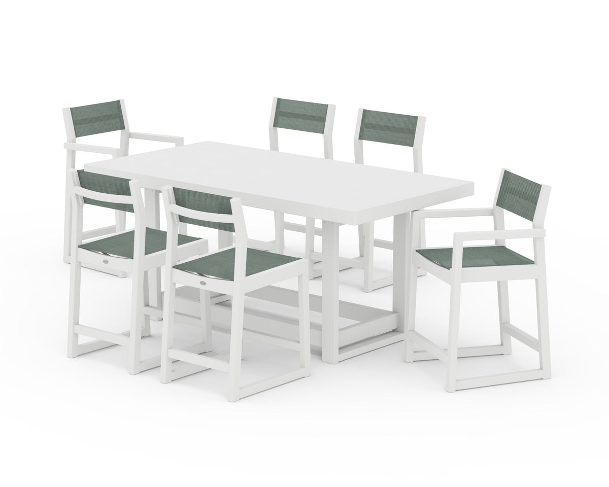 POLYWOOD EDGE Sling 7-Piece Counter Table Set in White / Dupioni Sea Mist