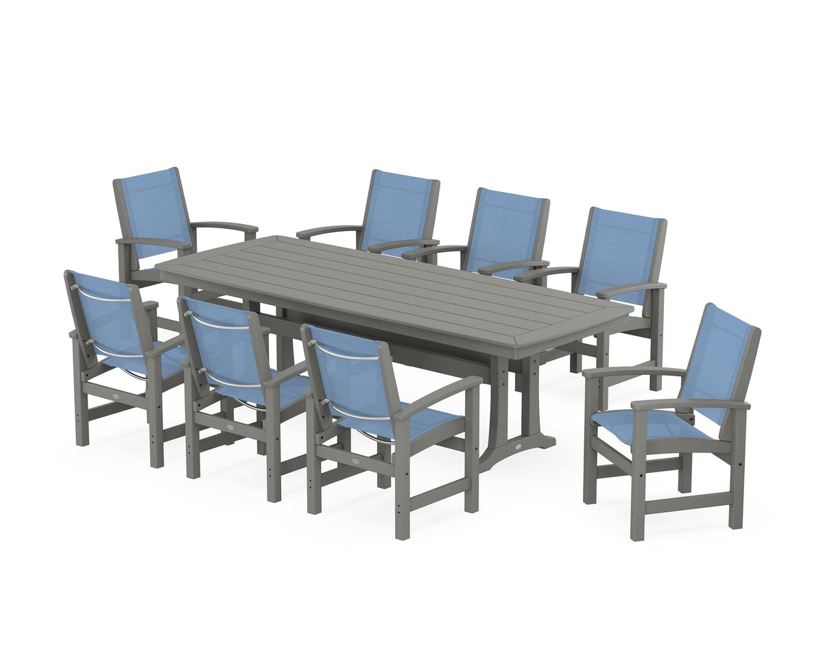 POLYWOOD Coastal 9-Piece Dining Set with Trestle Legs in Slate Grey / Poolside