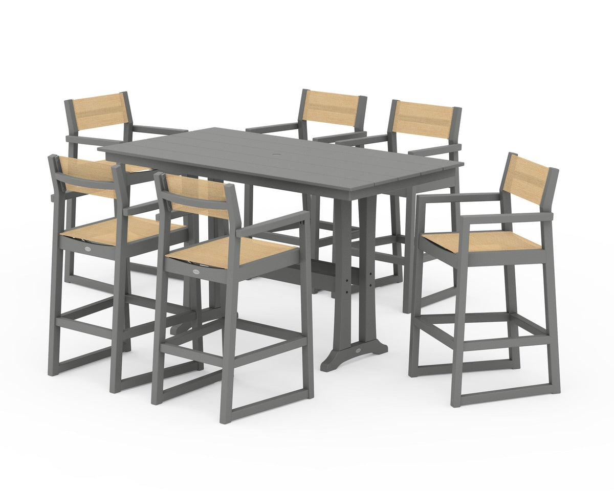 POLYWOOD EDGE Sling Arm Chair 7-Piece Farmhouse Bar Set with Trestle Legs in Slate Grey / Dupioni Apricot