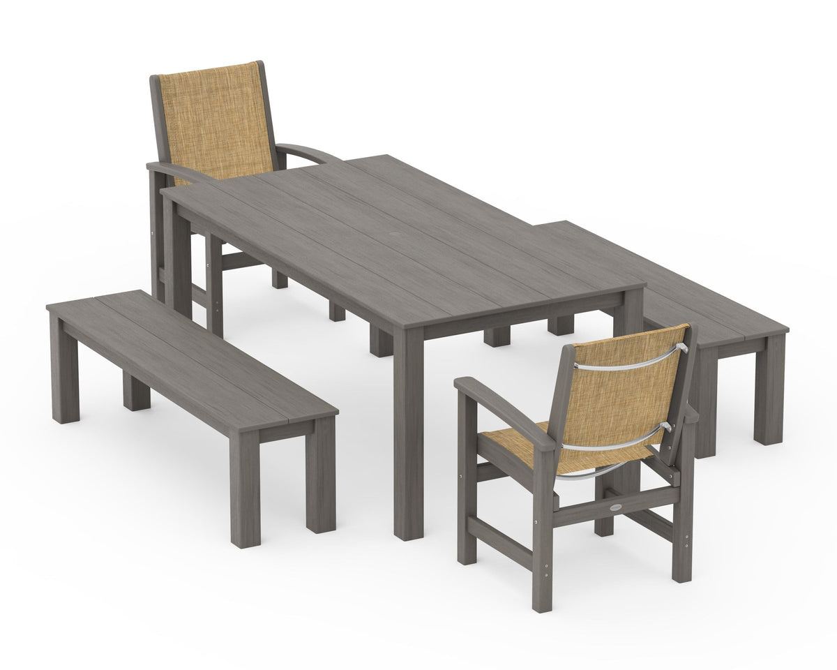 POLYWOOD Coastal 5-Piece Parsons Dining Set with Benches in Driftwood / Burlap