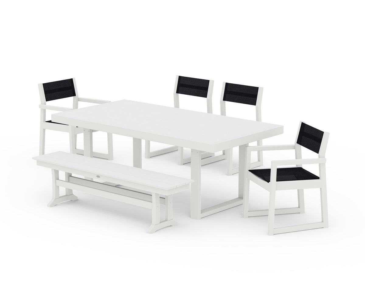 POLYWOOD EDGE Sling 6-Piece Dining Set with Bench in White / Black