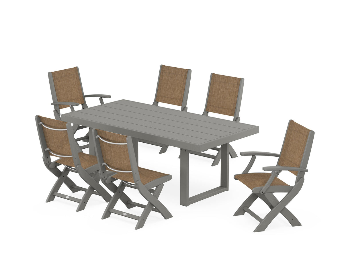 POLYWOOD Coastal Folding Chair 7-Piece Dining Set with Trestle Legs with EDGE 40" x 78" Dining Table in Slate Grey / Burlap