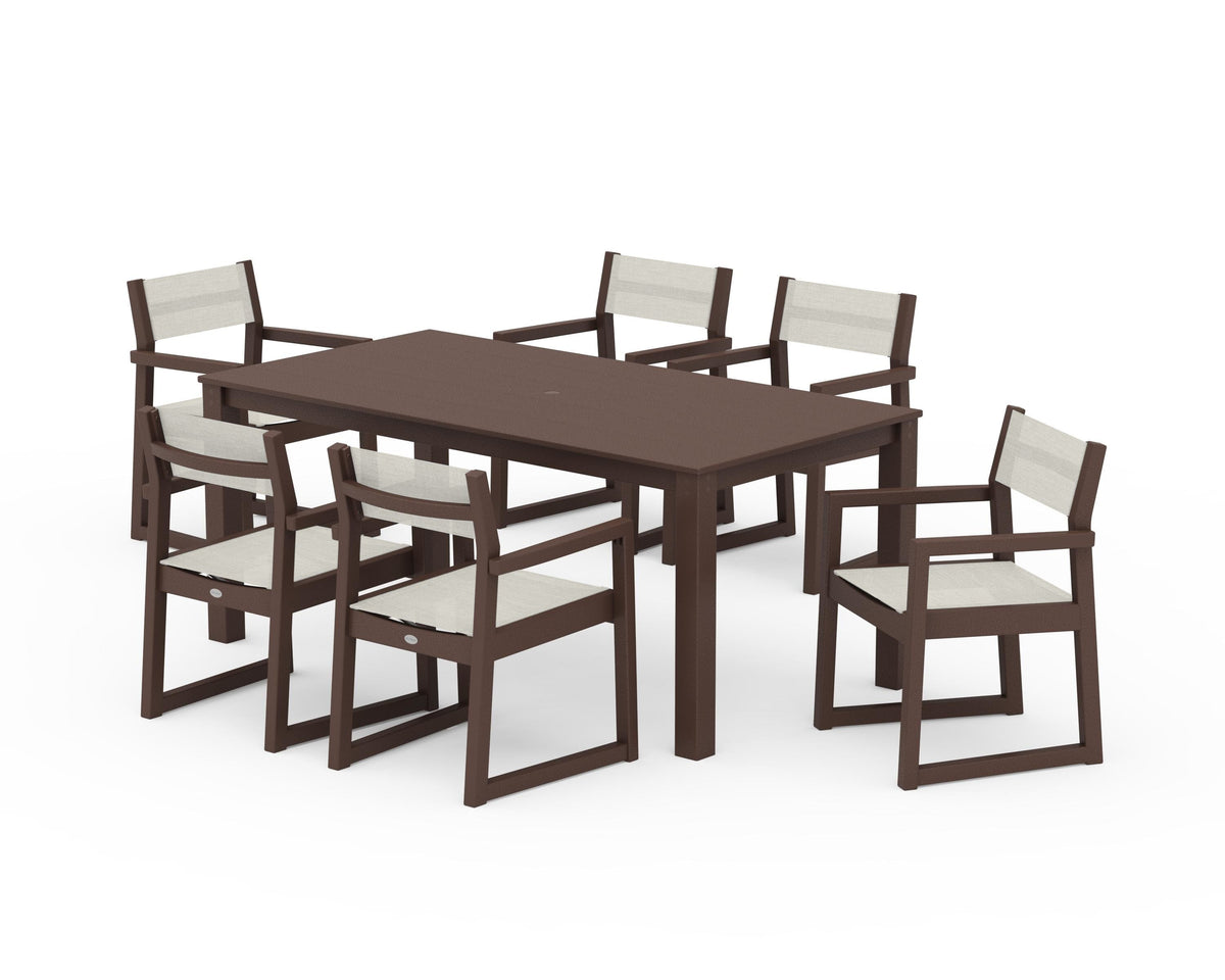 POLYWOOD EDGE Sling Arm Chair 7-Piece Parsons Dining Set in Mahogany / Parchment