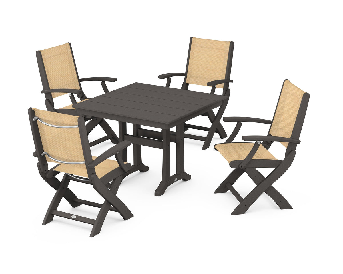 POLYWOOD Coastal Folding Chair 5-Piece Farmhouse Dining Set With Trestle Legs in Vintage Coffee / Dupioni Apricot