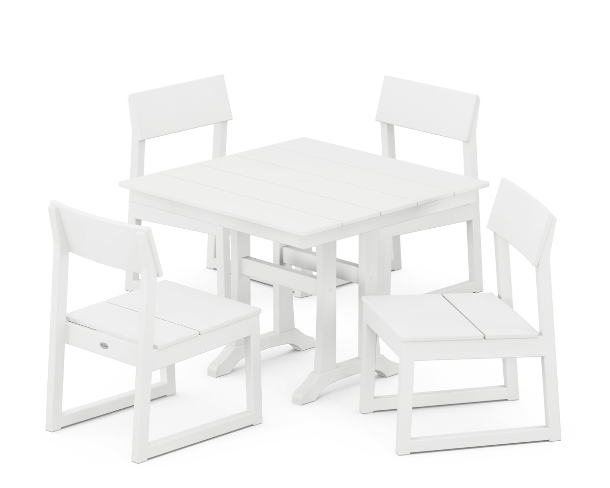 POLYWOOD EDGE 5-Piece Farmhouse Trestle Side Chair Dining Set in White