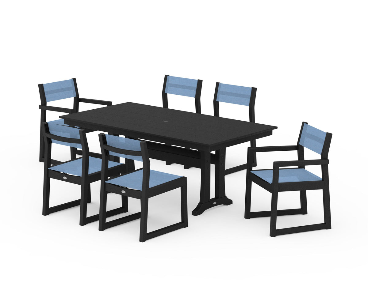 POLYWOOD EDGE Sling 7-Piece Farmhouse Trestle Dining Set in Black / Poolside