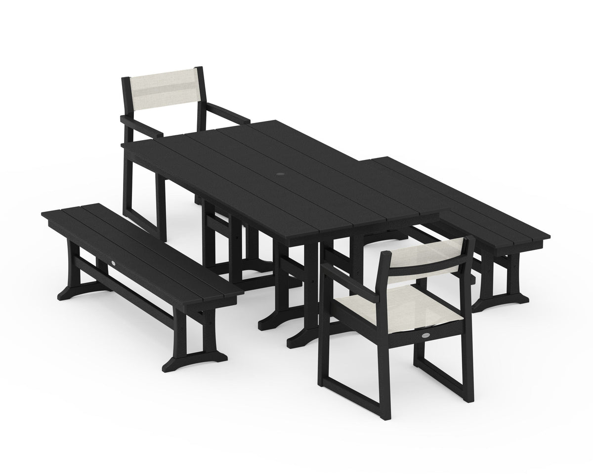 POLYWOOD EDGE Sling Arm Chair 5-Piece Farmhouse Dining Set with Benches in Black / Parchment