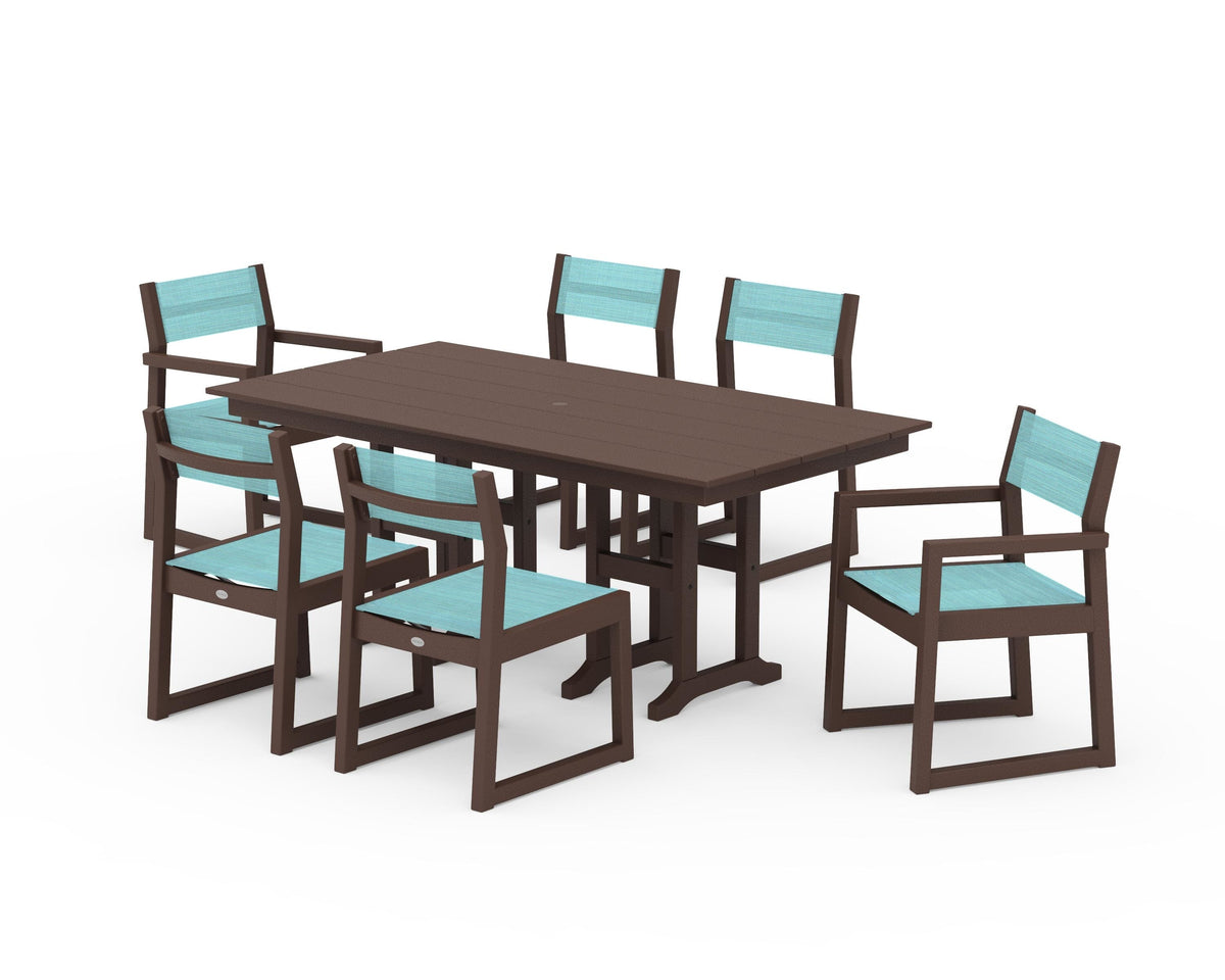 POLYWOOD EDGE Sling 7-Piece Farmhouse Dining Set in Mahogany / Dupioni Aquamarine
