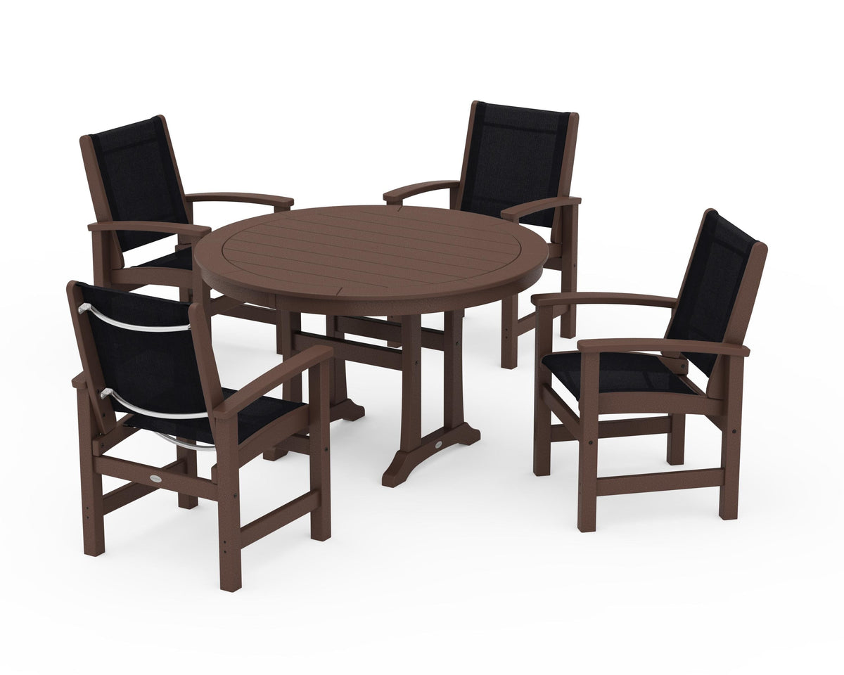 POLYWOOD Coastal 5-Piece Round Dining Set with Trestle Legs in Mahogany / Black