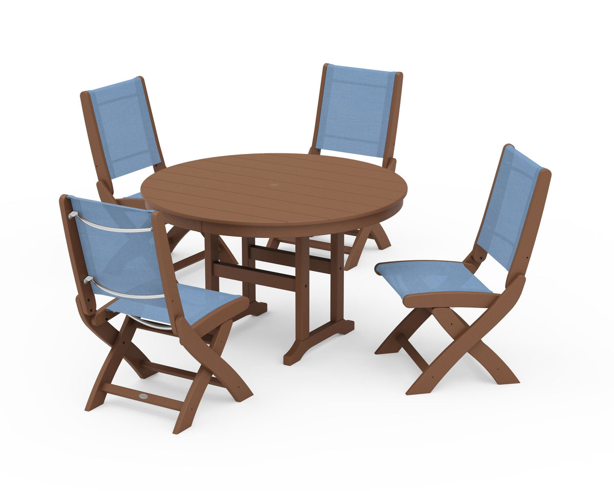 POLYWOOD Coastal Folding Side Chair 5-Piece Round Dining Set in Teak / Poolside