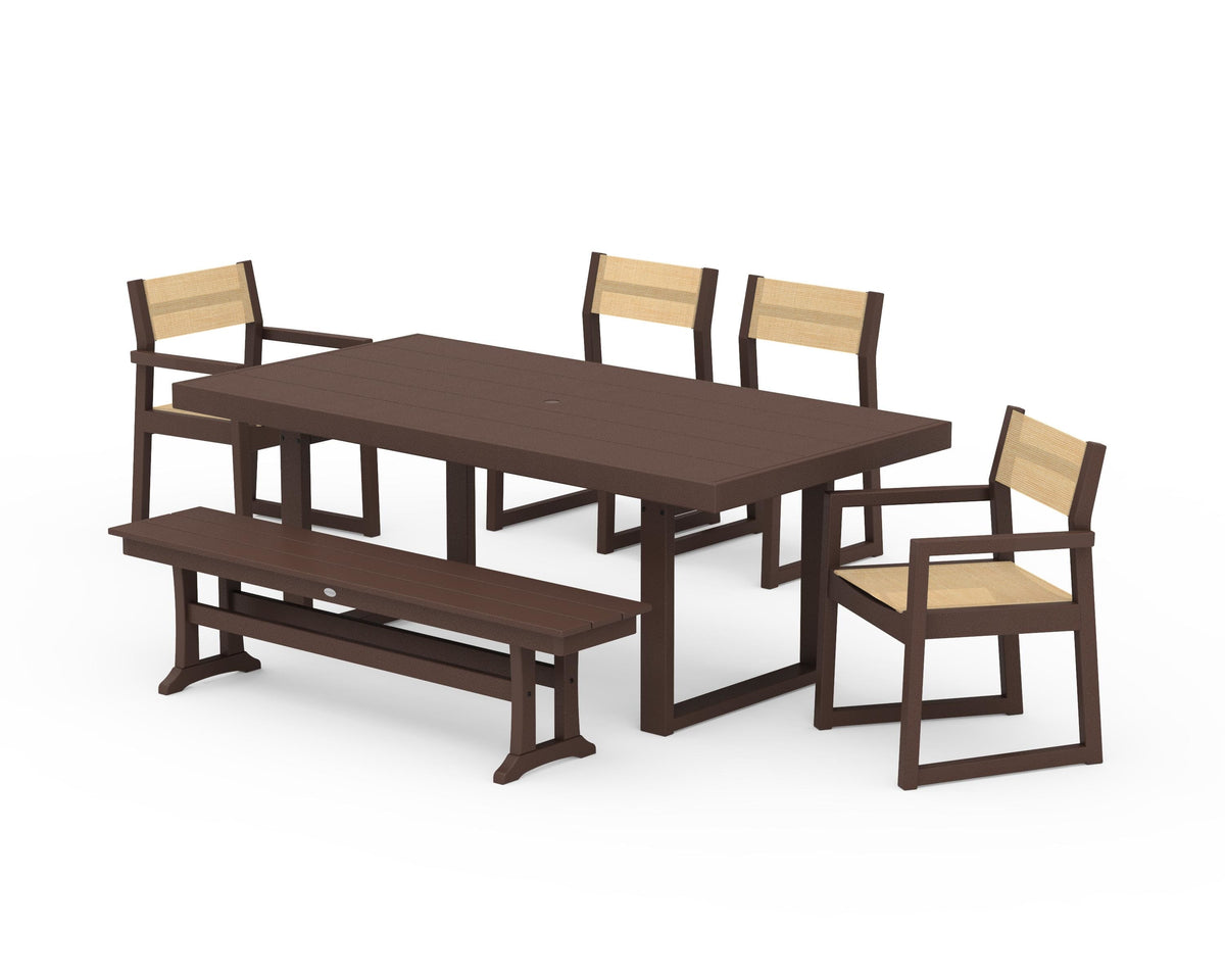 POLYWOOD EDGE Sling 6-Piece Dining Set with Bench in Mahogany / Dupioni Apricot