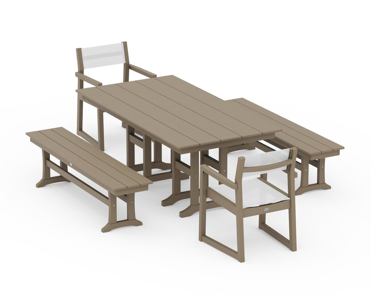 POLYWOOD EDGE Sling Arm Chair 5-Piece Farmhouse Dining Set with Benches in Vintage Sahara / White