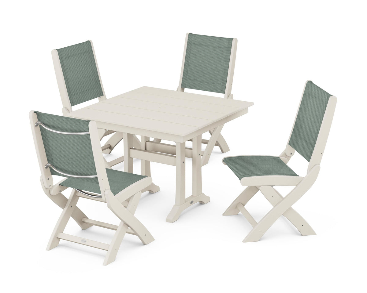 POLYWOOD Coastal Folding Side Chair 5-Piece Farmhouse Dining Set With Trestle Legs in Sand / Dupioni Sea Mist