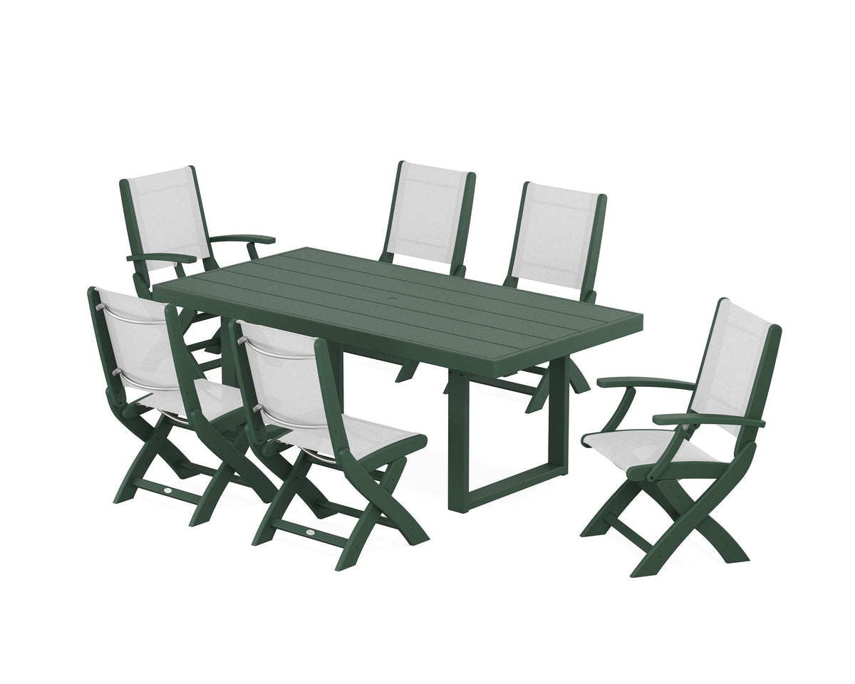 POLYWOOD Coastal Folding Chair 7-Piece Dining Set with Trestle Legs with EDGE 40" x 78" Dining Table in Green / White