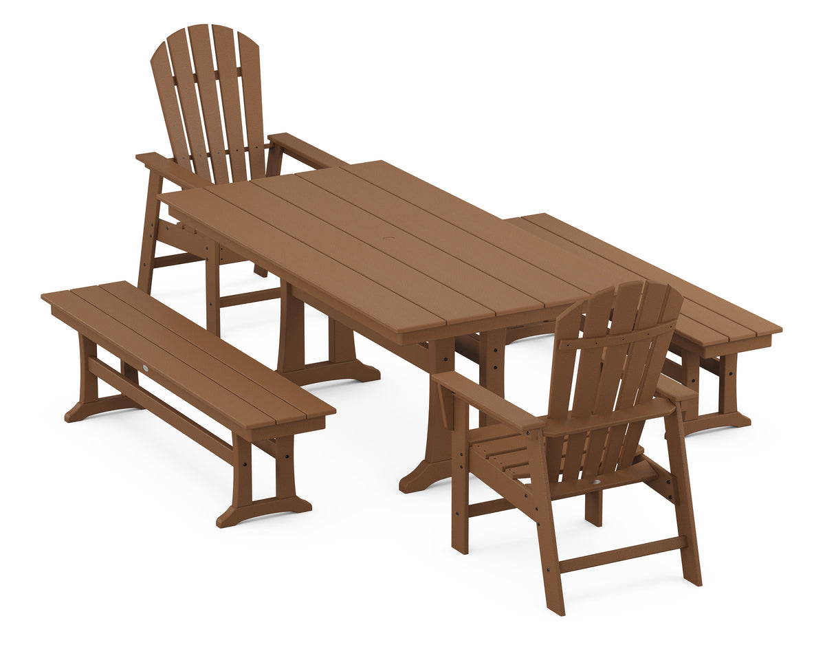 POLYWOOD South Beach 5-Piece Farmhouse Dining Set with Trestle Legs - 37" x 72" Table in Teak