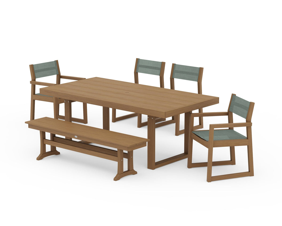 POLYWOOD EDGE Sling 6-Piece Dining Set with Bench in Natural / Dupioni Sea Mist