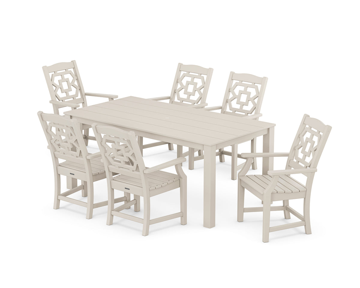 POLYWOOD Chinoiserie Arm Chair 7-Piece Parsons Dining Set in Sand