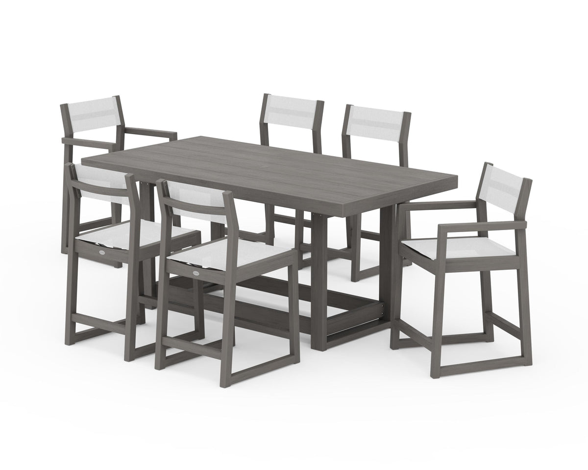 POLYWOOD EDGE Sling 7-Piece Counter Table Set in Driftwood / White