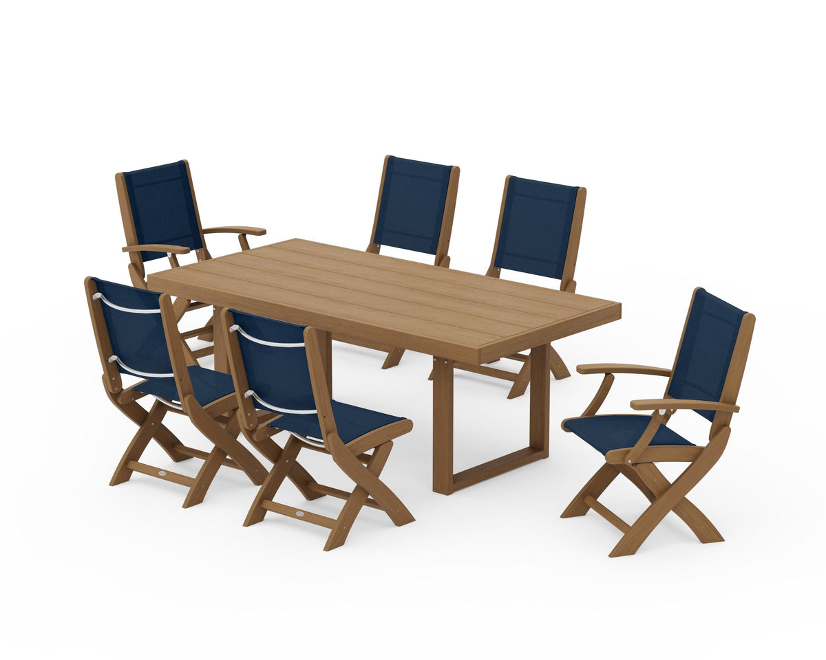 POLYWOOD Coastal Folding Chair 7-Piece Dining Set with Trestle Legs with EDGE 40" x 78" Dining Table in Natural / Navy Blue
