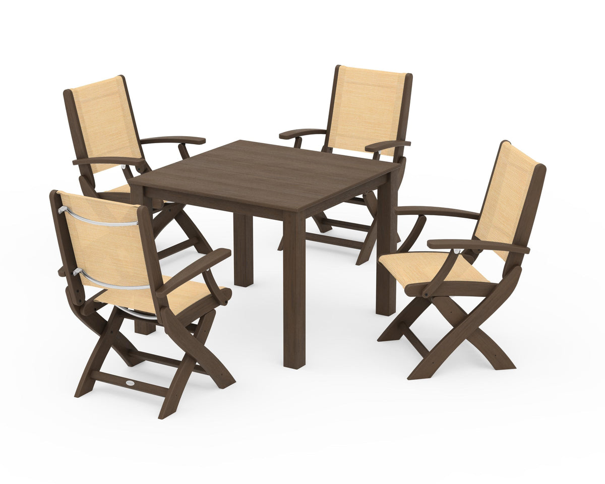 POLYWOOD Coastal Folding Chair 5-Piece Parsons Dining Set in Kona / Dupioni Apricot