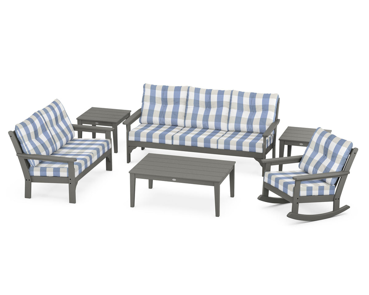 POLYWOOD Vineyard 6-Piece Deep Seating Set with Rocking Chair in Slate Grey / Buffalo Plaid Sky Blue