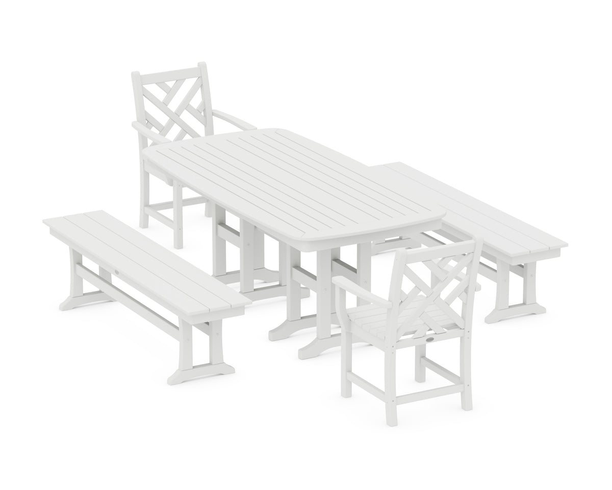 POLYWOOD Chippendale 5-Piece Dining Set with Benches - 37" x 72" Table in White