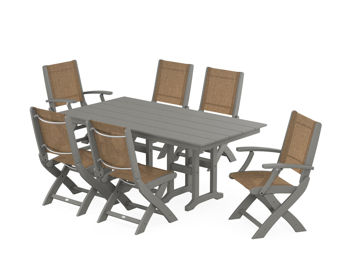 POLYWOOD Coastal Folding Chair 7-Piece Farmhouse Dining Set in Slate Grey / Burlap