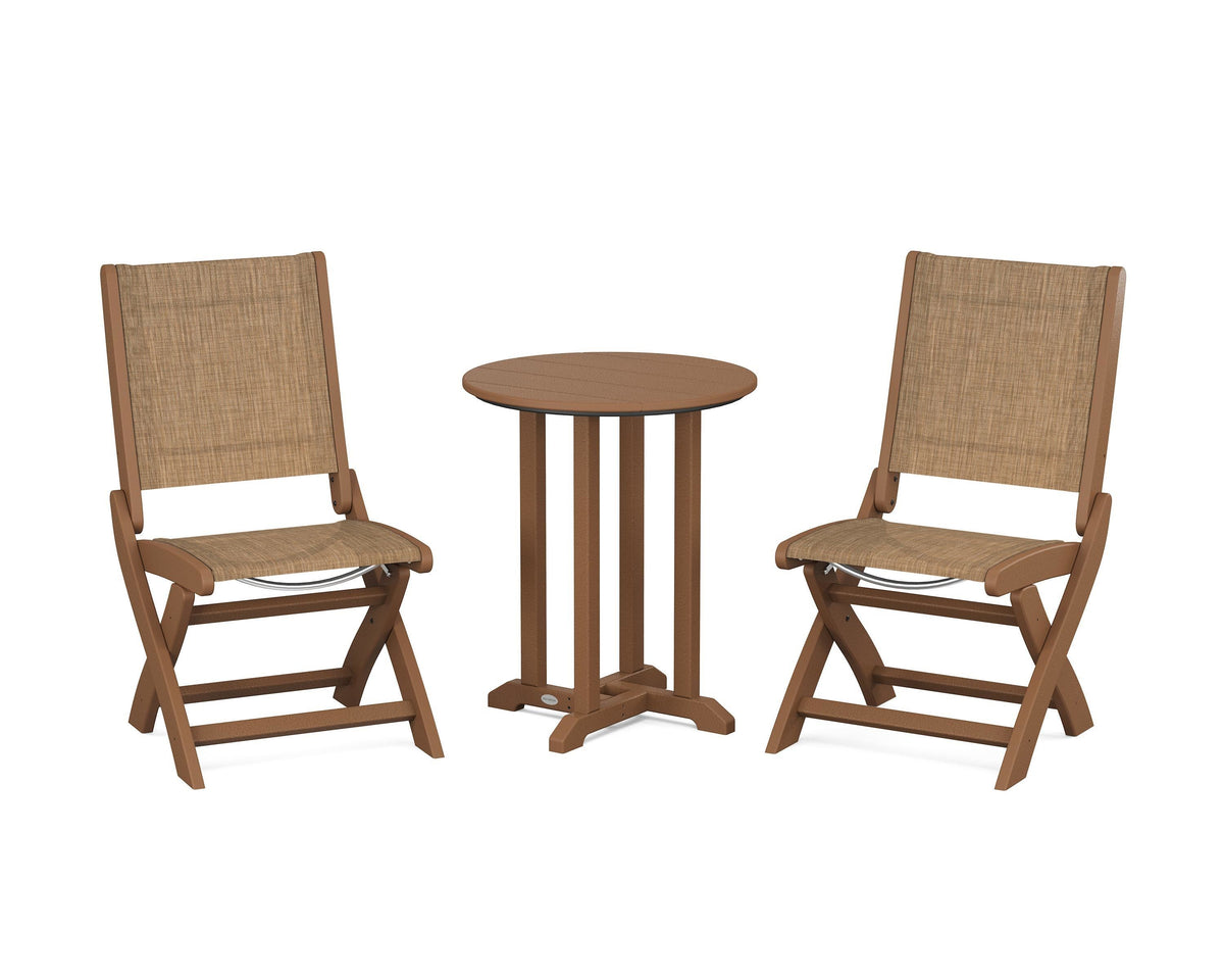 POLYWOOD Coastal Folding Side Chair 3-Piece Round Bistro Dining Set in Teak / Burlap