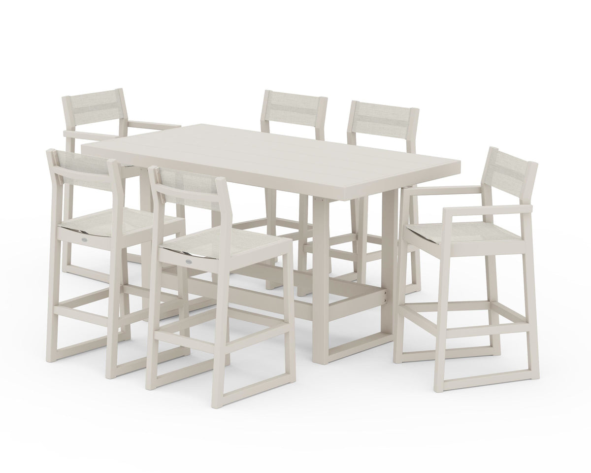 POLYWOOD EDGE Sling 7-Piece Bar Table Set in Sand / Parchment